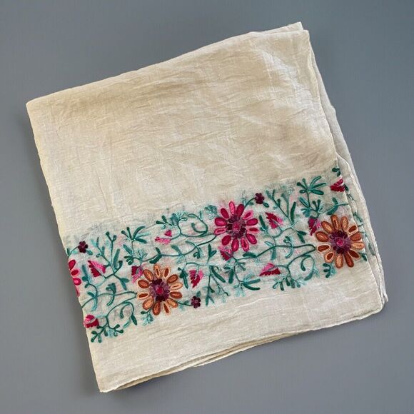 Hand Embroidered Linen Dresser Scarf Table Runner 68x72" Flowers Botanical Vtg - Picture 3 of 5